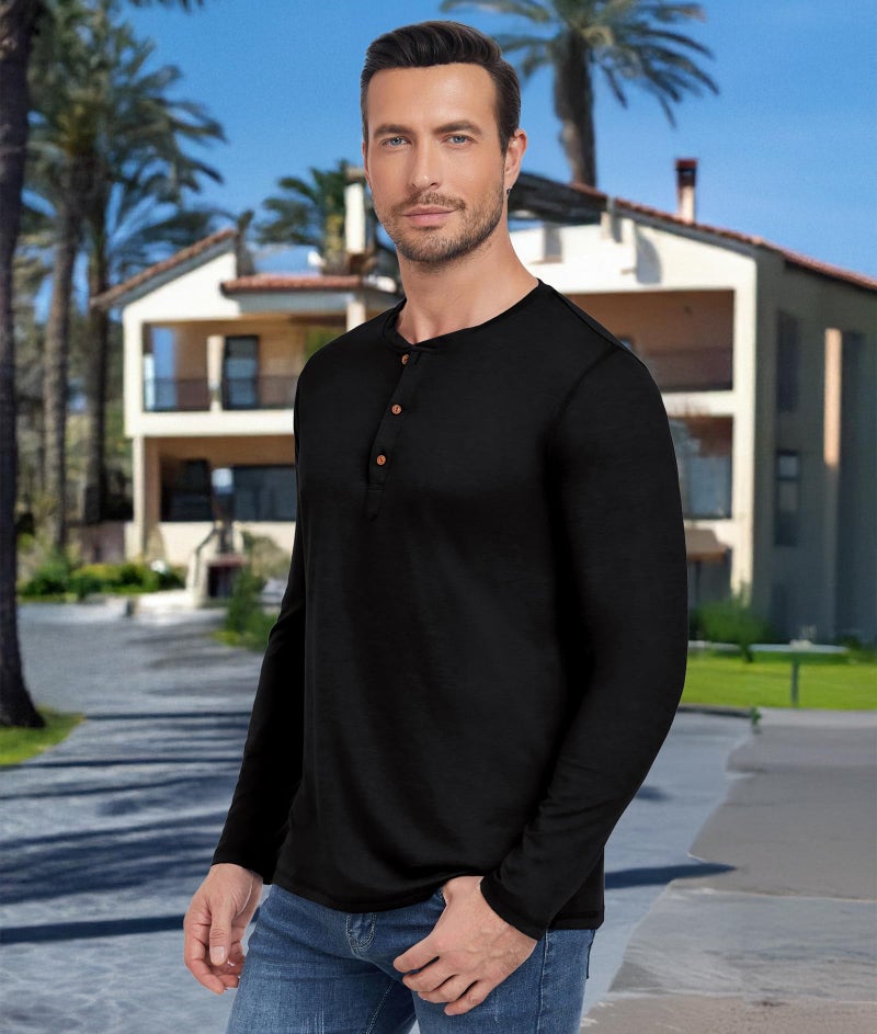 PEGENO Men's Casual Slim Fit Long Sleeve Henley T-Shirts Cotton Shirts (US Medium, A5 Black) - Image 3